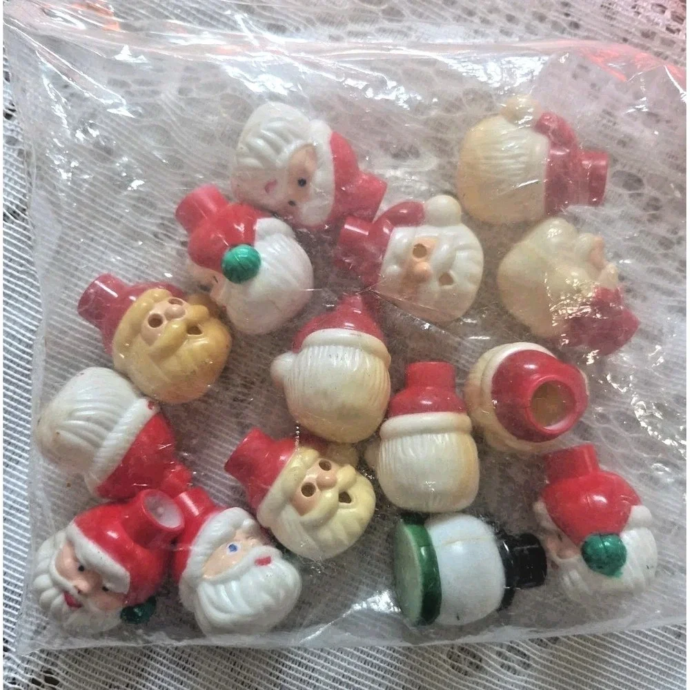 Santa & Snowman Miniature Blow Mold Bulb Covers 50 String Light Set Vtg Decor